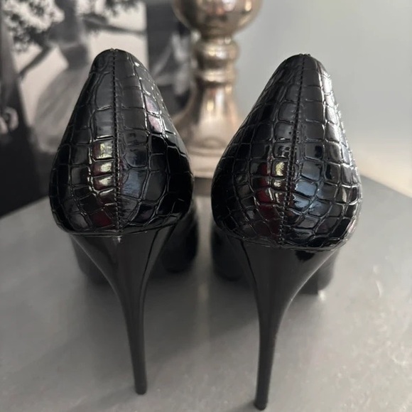 Black Croc-Embossed Pointed-Toe Pumps - Picture 2 of 3